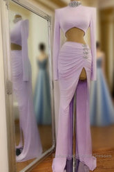 Long Two Piece Mermaid High Neck Split Semi Formal Dresses with Sleeves